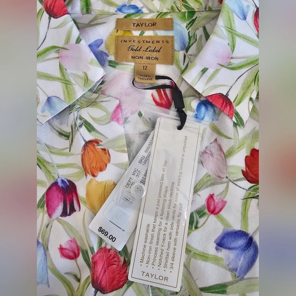NWT Investments Floral Button Down 3/4 Sleeve Blouse/Top Women's Size 12 - Picture 3 of 6